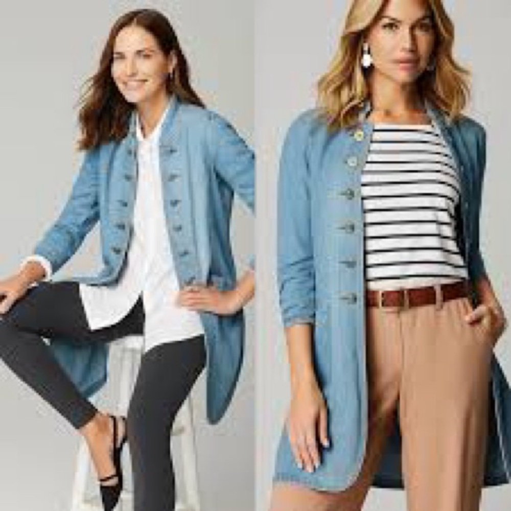J. Jill Women’s Denim Military Duster Size Medium Blue Lagenlook Boho Coastal